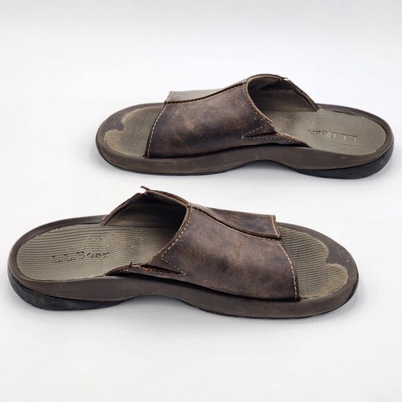 LL Bean Vintage Leather Vertigrip Slide Slip On Sandals Brown Men\'s Size 11